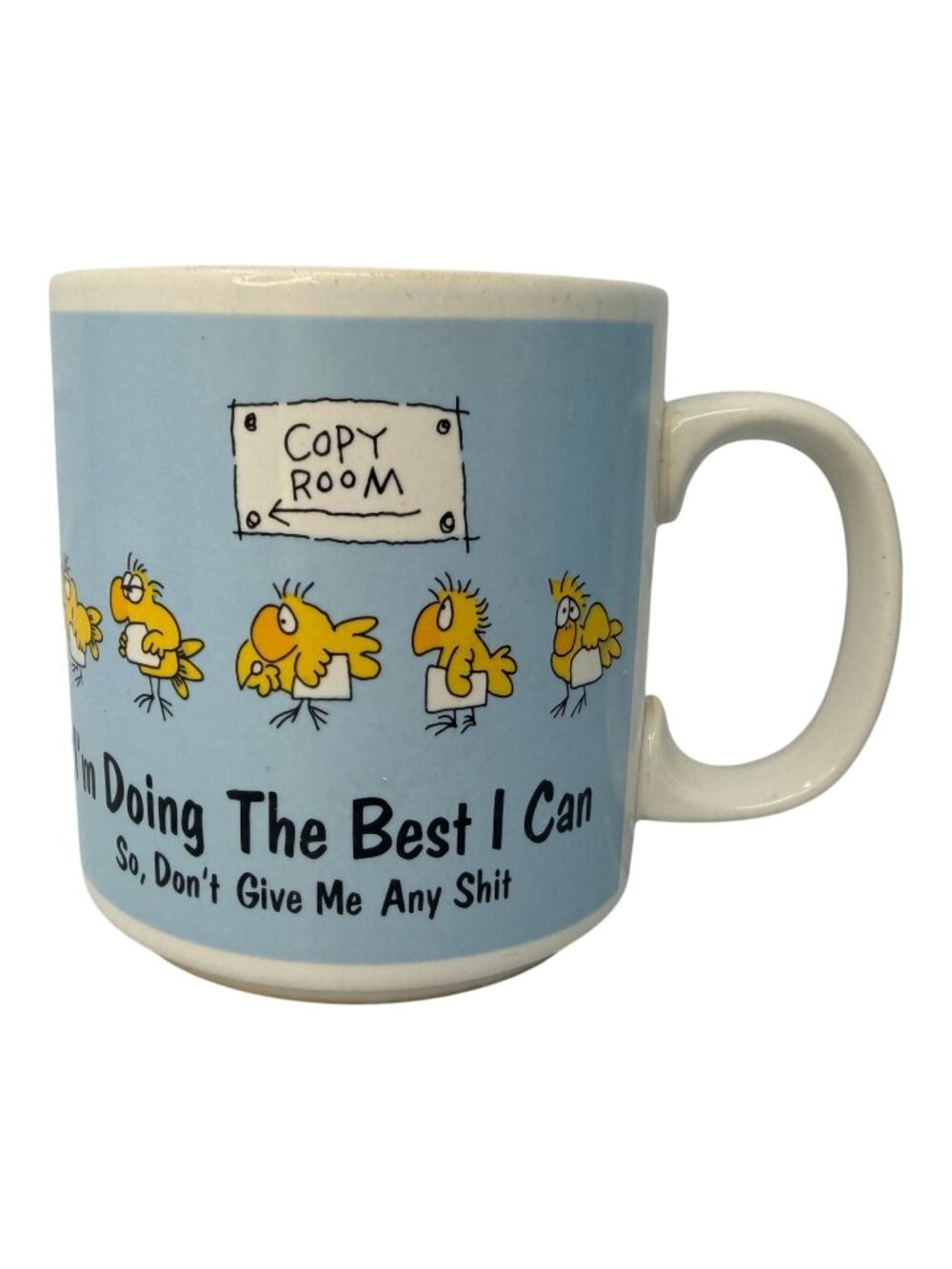 Vintage Russ Copy Room Humor Mug Funny Office Coffee Cup Birds Korea 1980s